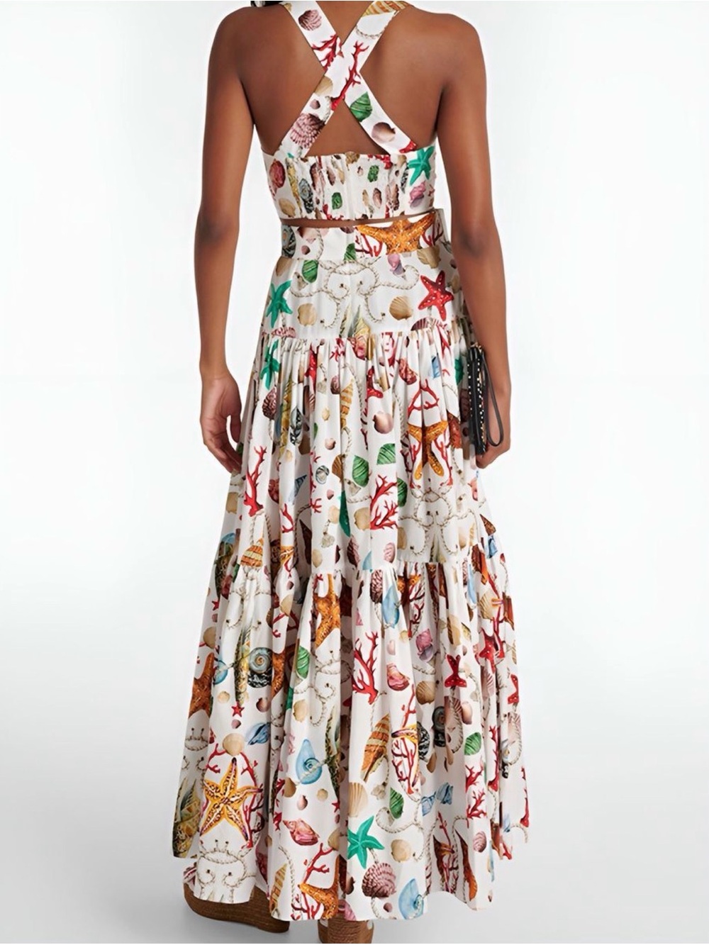 White Seashell-Print Tiered Maxi Skirt and Matching Top - Picture 2 of 5